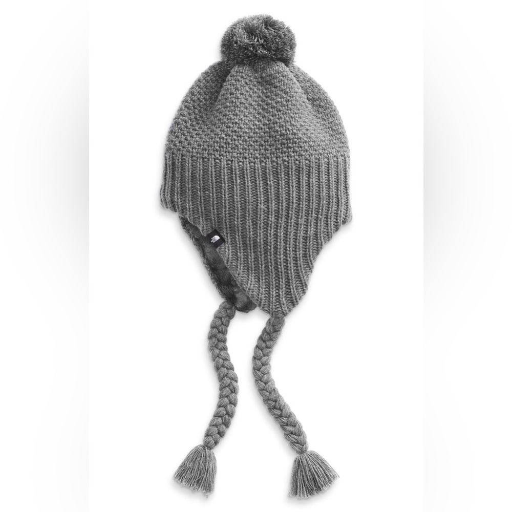 The North Face Purrl Stitch Earflap Beanie Gray Knit Pom-Pom Tassels Women’s